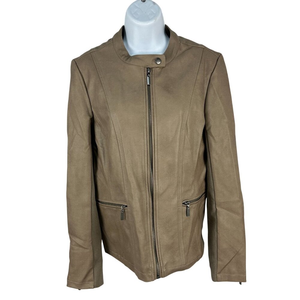 Mo-Ka Womens Faux Leather Jacket M Brown With Zipper Closures & Pockets
